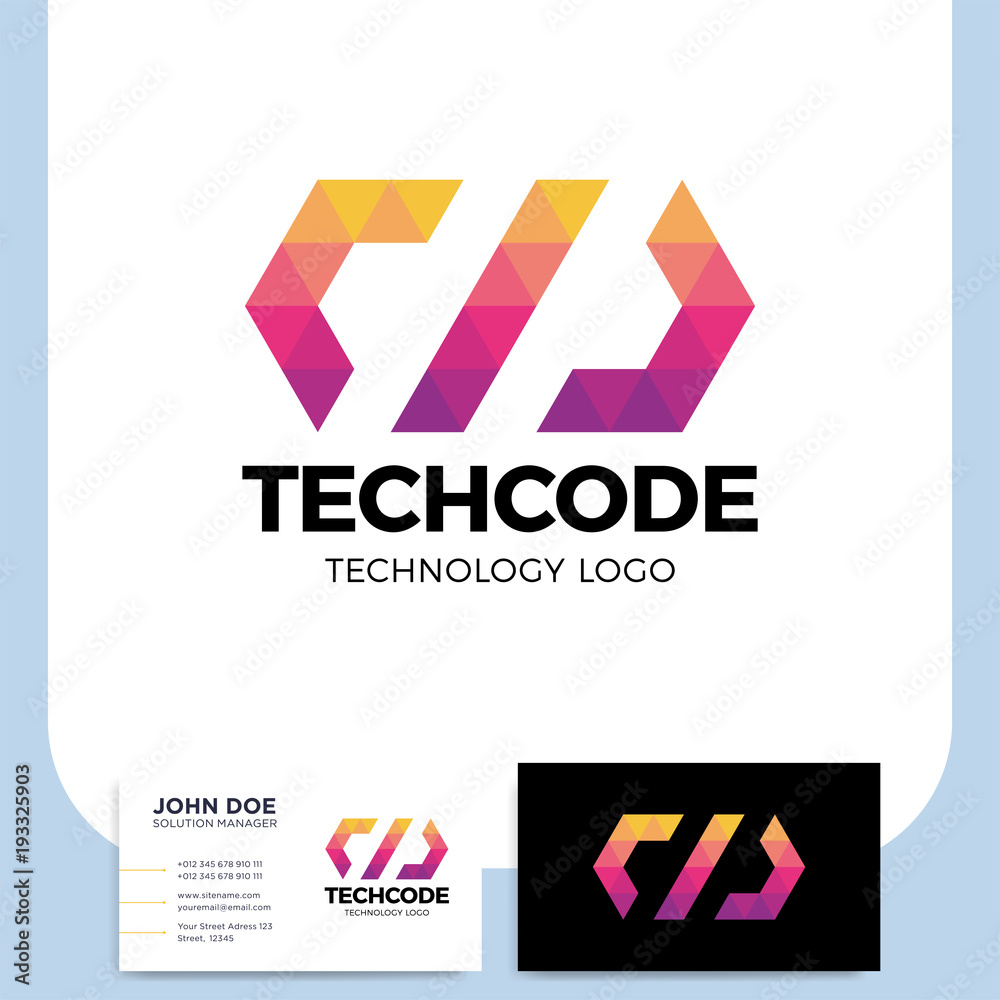 Code or coding Logo of a stylized triangle shape built with colorful polygons Code or coding Logo of a stylized triangle shape built with colorful polygons
