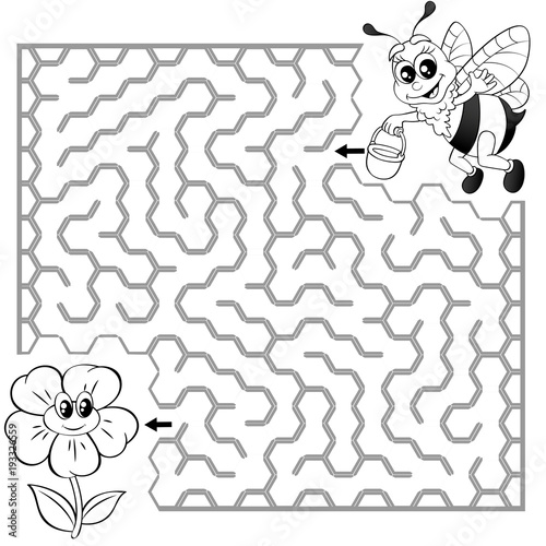 Help bee find path to flower. Labyrinth. Maze game for kids. Black and white vector illustration for coloring book