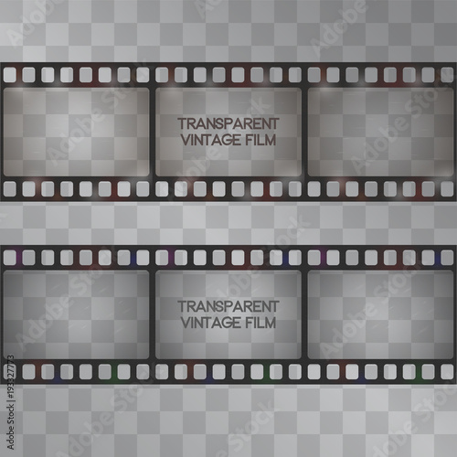 Strip film vector in sepia and grey tints with transparent cadres. Realistic scratched and light damaged surface for your design. Vintage movie frame. Video production symbol with blank space.