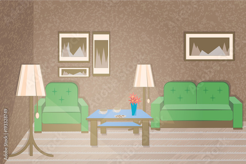 Colorful vector cozy interior illustration in cartoon flat style. Home inside living room design element.