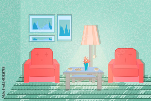 Colorful vector cozy interior illustration in cartoon flat style. Pink armchairs, table, tea, floor lamp, pictures - the concept of coziness. Home inside living room design element.