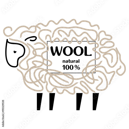 Label with cute sheep and wool threads. Vector image. Design for firms engaged in the production of goods and of yarn wool. 