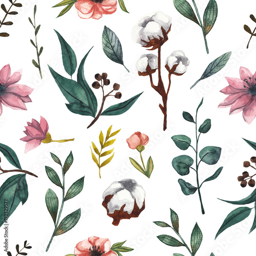 Seamless floral pattern with cotton flowers and eucalyptus leaves. Hand-drawn watercolor background