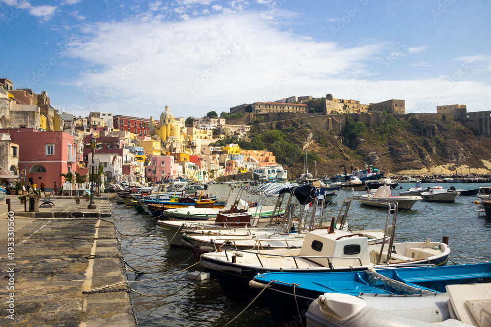 Procida Island with colorful houses on Neapolitan Bay in Italy 