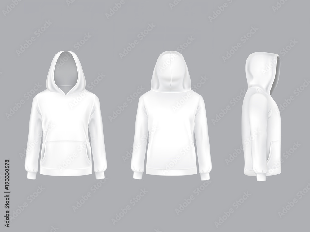 Vector 3d realistic white hoodie with long sleeves and pockets, casual  unisex model, sportswear, sweatshirt with hood isolated on background.  Mockup for clothes design, front, rear and side view Stock Vector