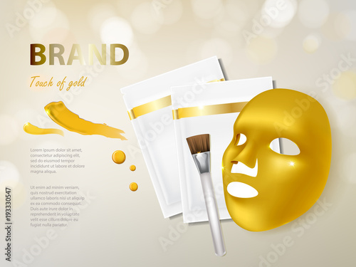 Vector cosmetic banner with 3d realistic golden facial mask, brush and package for it, isolated on background. Luxury premium beauty product with gold for face treatment. Mockup for brand design