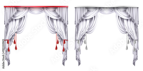 Vector silk, velvet drapes with red or white tassels. Theatrical curtain with folds. Decoration element for performance, premiere. Elegant blinders. Great concept for presentation. Drapery background