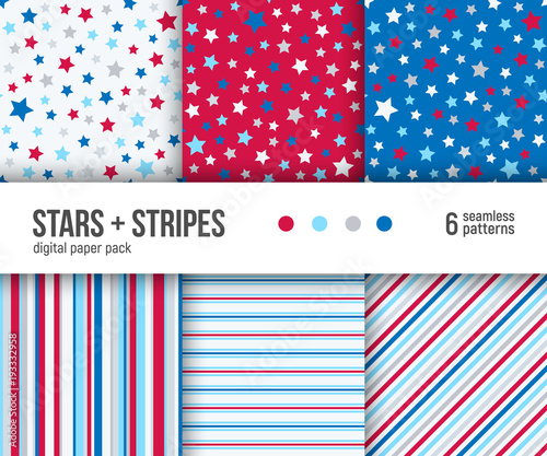 Digital paper pack, set of 6 abstract geometric backgrounds. Seamless vector patterns collection. Stars patriotic pattern and striped patterns. Independence day decoration background.