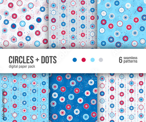 Digital paper pack, set of 6 abstract geometric backgrounds. Seamless vector patterns collection. Red, blue, white circles and dots decoration.