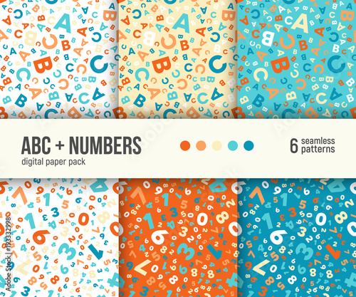 ABC and math background for kids education. Digital paper pack, set of 6 abstract geometric backgrounds. Seamless vector patterns collection. 