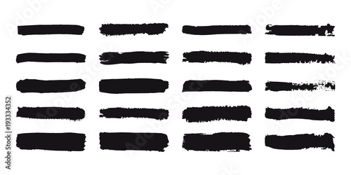 Collection of grunge brush strokes. Painted stripes set. Black ink hand drawn texture. Lines isolated on white background