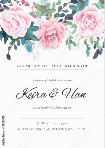 The classic design of a wedding invitation with flowering roses, plants, white flowers and leaves. Pastel color floral border. Elegant vertical card template. Vector illustration.