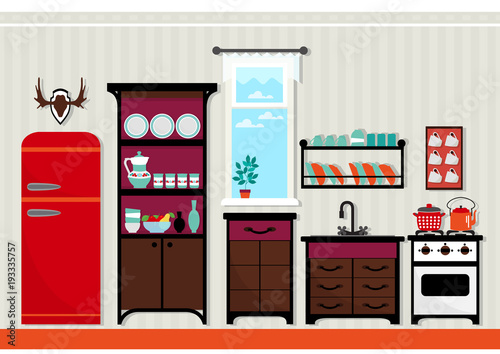 Flat design kitchen interior . Vector .