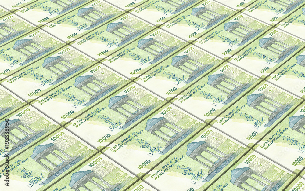 Iranian rials bills stacked background. 3D illustration.