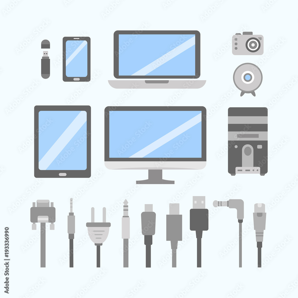 Vector set of PC flat icons. Cable wire computer and electricity plug collection. Vector set of PC flat icons. Cable wire computer and electricity plug collection.