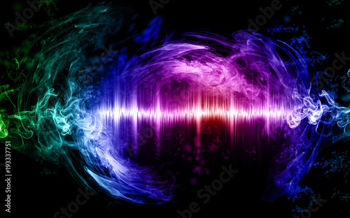 Music abstract concept illustration, sound wave and smoke colored and glowing, graphic resource