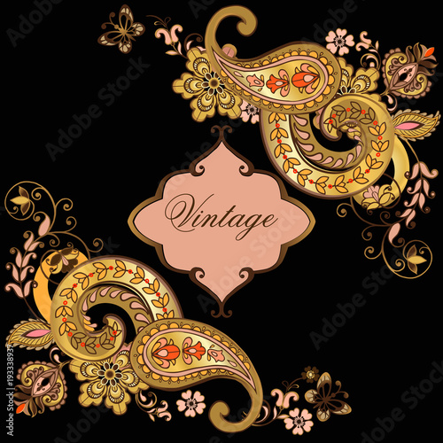 Vintage gold decorative frame with East ornament. Wedding invitation, birthday and other festive actions.East flower design.Vector illustration.