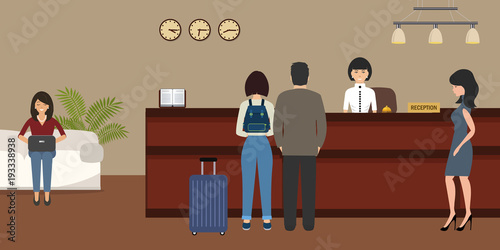 Hotel reception. Young woman receptionist stands at reception desk. There are also visitors here. Travel, hospitality, hotel booking concept. Vector illustration