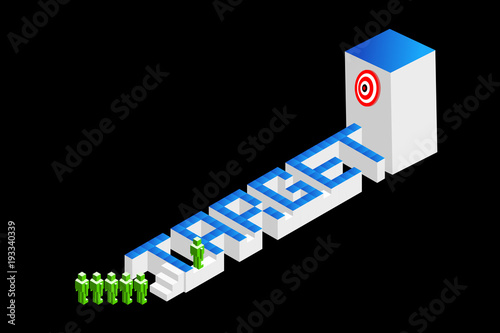 Concepts of teamwork, strategic planning, or competition. Businessman team finding the best way on blue maze ("target" word) to reach main target at dartboard. Isolated on black. Vector illustration.