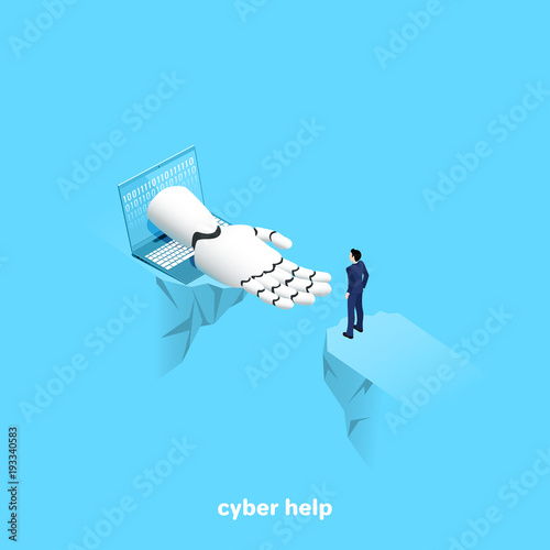The robot arm coming out of the laptop screen offering help, isometric image