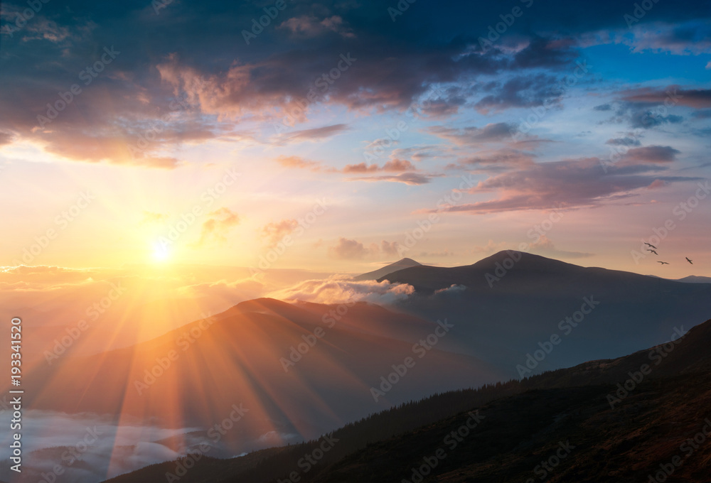 Panoramic landscape of mountains at sunrise. View on covered by forest foggy hills.Traveling concept background. Panoramic landscape of mountains at sunrise. View on covered by forest foggy hills.Traveling concept background.