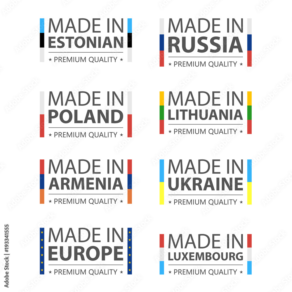 Simple vector logos Made in Estonian, Russia, Polish, Lithuania, Armenia, Ukraine, Luxembourg and Made in European Union. Premium quality. Label with flag. Vector illustration.