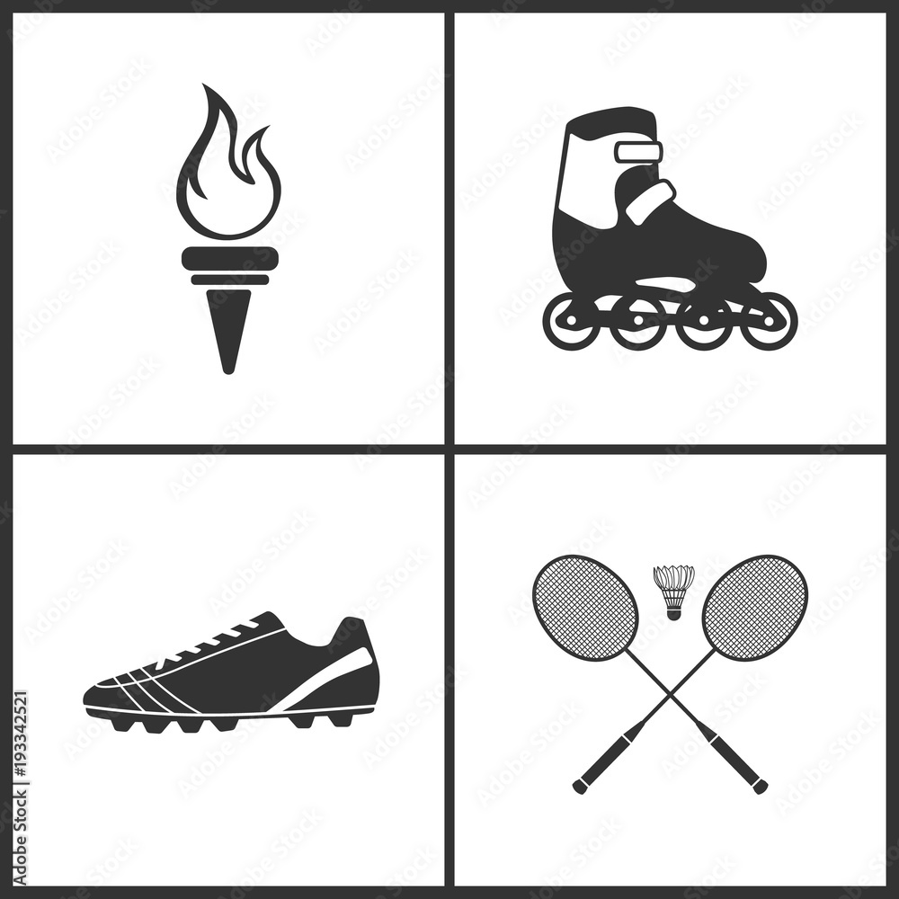 Vector Illustration of Sport Set Icons. Elements of Torch, Roller, Football boots  and Badminton icon