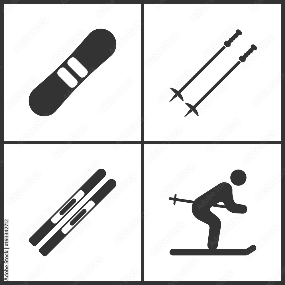 Vector Illustration of Sport Set Icons. Elements of Snowboard, Ski poles, Skis and Ski icon