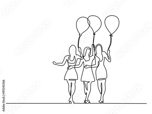 Continuous line drawing. Young women with air balloons. Vector illustration