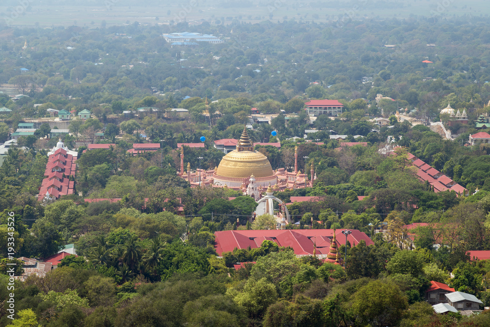 Sitagu International Buddhist Academy in Sagaing near Mandalay in Myanmar (Burma), viewed from above on a sunny day.