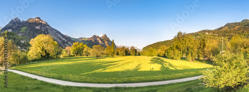 Spring alpine panorama at sunset - Amazing panorama of the Swiss Alps mountains, green meadows, forests and a trail for walking, under the light of a spring sunset, in Wessen, Switzerland. photo