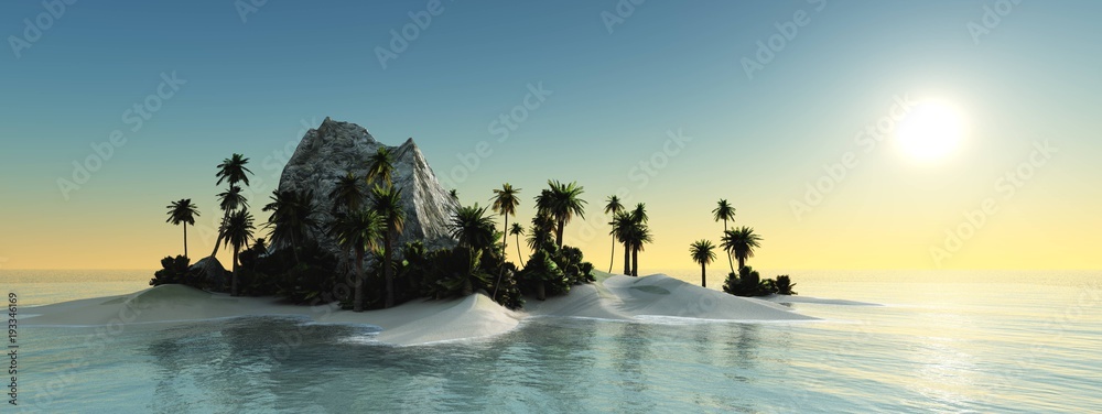 panorama of the sea sunset above the tropical island - obrazy, fototapety, plakaty 