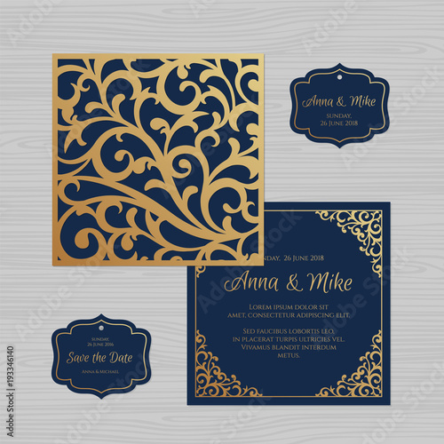 Wedding invitation or greeting card with vintage ornament. Paper lace envelope template. Wedding invitation envelope mock-up for laser cutting. Vector illustration.