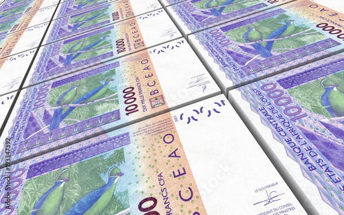 West African CFA francs bills stacked background. 3D illustration. photo