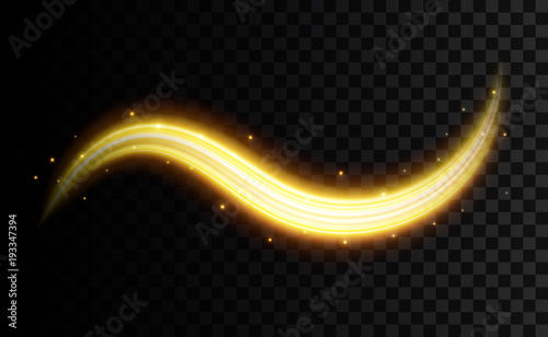 Creative vector illustration of golden light effect, glowing wavy lines, shine curve sparkles isolated on transparent background. Art design magic twinkle particles. Abstract concept graphic element