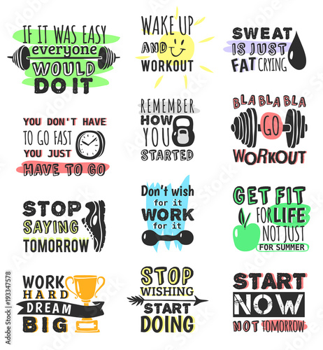 Sport gym, fitness, run motivational text quote phrases design hand drawn element banner gym crossfit trainings motivation text lettering. Work motivate sport concept message workout lifestyle