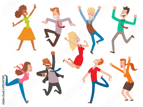 Vector people jumping celebration party illustration. Happy man and woman jump joy characters. Cheerful boys and girls active happiness expression set. Many joyful jump friends portrait