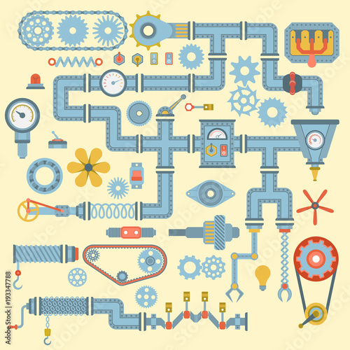 Vector robotic machinery parts flat icons set manufacturing work detail design. Gear mechanical equipment part industry robot technical technology icon set industry engineering technical factory tool