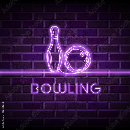 Neon bowling vector illustration. Glowing continuous line drawing of bowling ball, pin and letters on purple brick wall background.