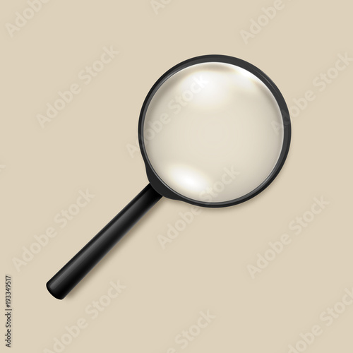 Photo-realistic vector 3d black magnifying glass or Loup icon closeup top view. Design template for graphics