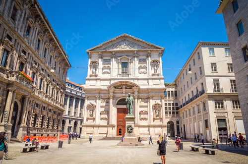 San Fedele Church with Alessandro Manzoni Statue in Milan, Italy