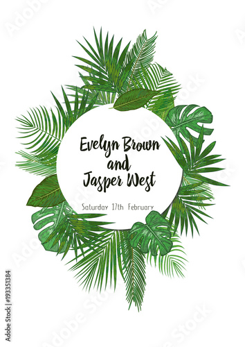 Watercolor hand painted tropical frame. Circle frame with the tropical palms. Concept of the jungle for the design of invitations, greeting cards