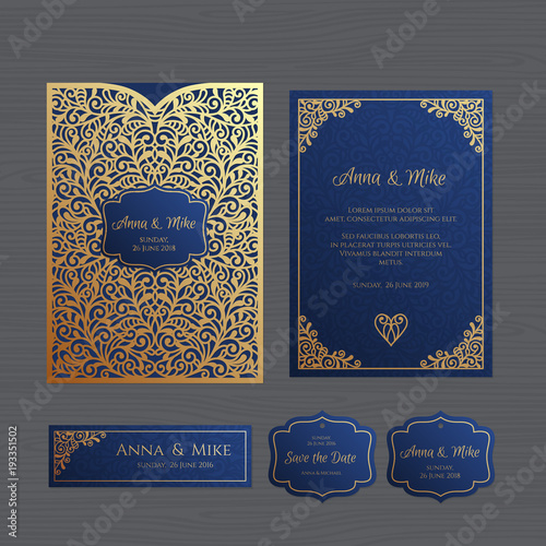 Wedding invitation or greeting card with vintage ornament. Paper lace envelope template. Wedding invitation envelope mock-up for laser cutting. Vector illustration.