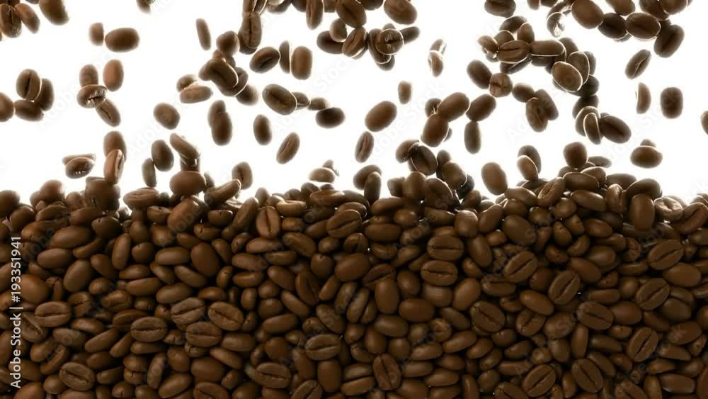 3D CGI video of roasted coffee beans falling over white background and covering screen