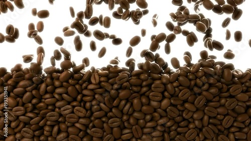 3D CGI video of roasted coffee beans falling over white background and covering screen
