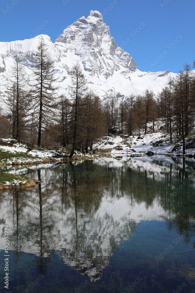 Lago Blu (Blue Lake) with Matterhorn Summit in Breuil-Cervinia. Valtournenche. Aosta Valley. Italy