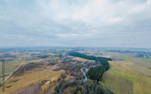 Aerial panorama of river and fields © Mantas