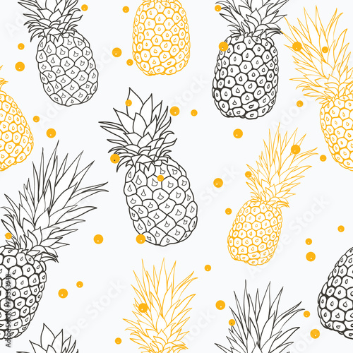 Vector yellow grey pineapple polka dot summer tropical seamless pattern background. Great as a textile print, party invitation or packaging.
