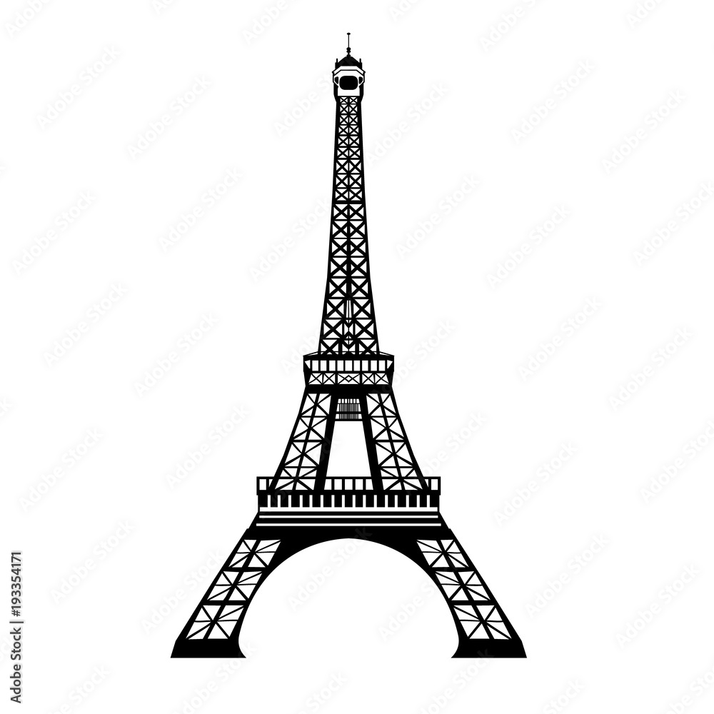 Vector ink black Eifel Tower hand drawn landmark symbol of Paris, France. Great for french invitations, greeting cards, postcards, gifts.