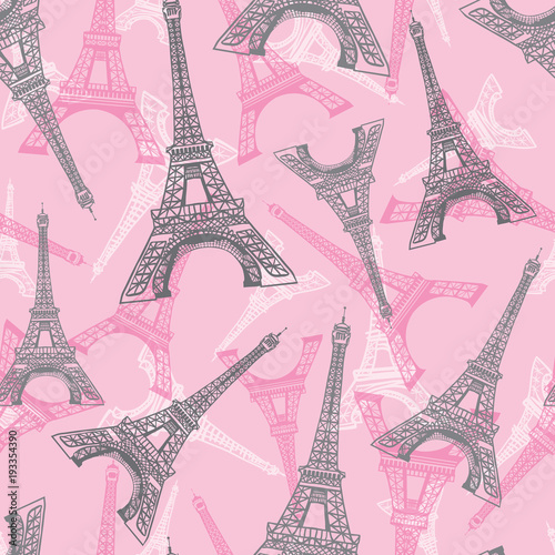 Vector Pink Grey Eifel Tower Paris Seamless Repeat Pattern. Perfect for travel themed postcards, greeting cards, invitations, packaging.
